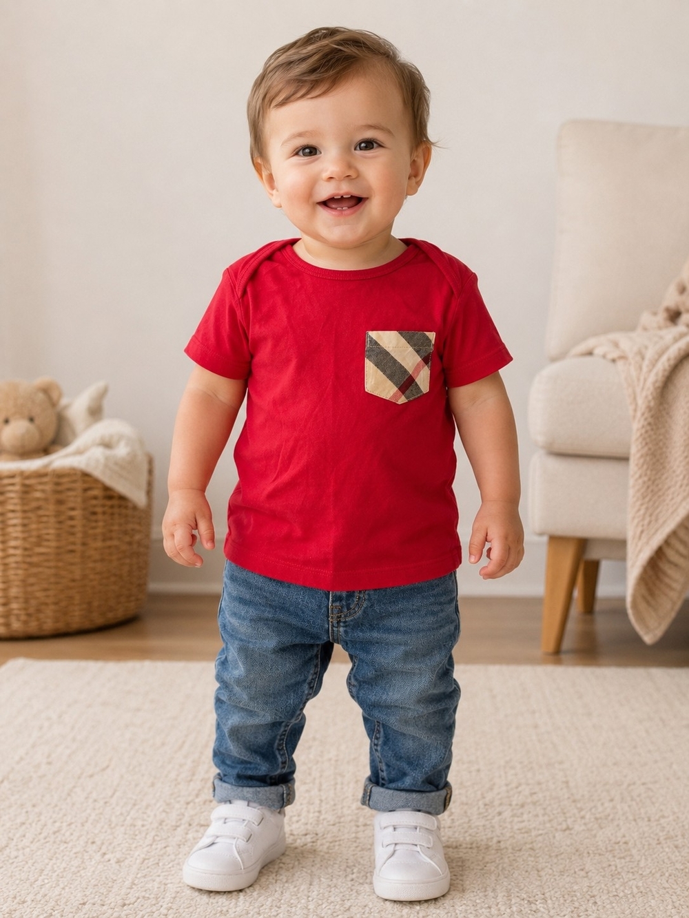 Burberry Red Short Sleeve Tee with Signature Plaid Pocket